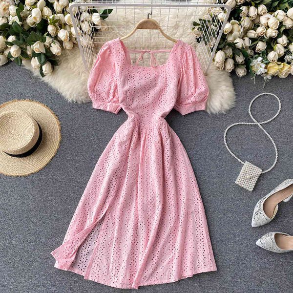 

singreiny women sweet french dress square collar puff sleeve hollow a-line office dresses summer fashion streetwear split dress 210419, Black;gray