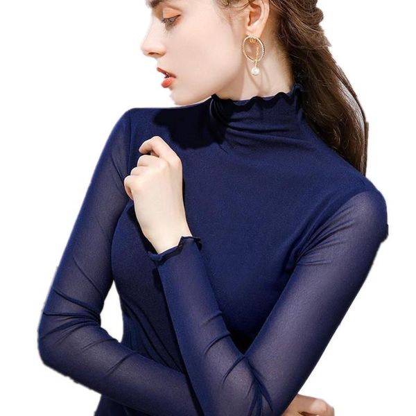 

women's t-shirt female ear edge high collar t-shirts bottomed shirt women autumn winter style long sleeve elastic tight mesh p3 110, White