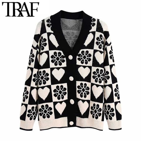

traf women fashion jacquard loose knit cardigan sweater vintage long sleeve covered buttons female outerwear chic 211221, White;black