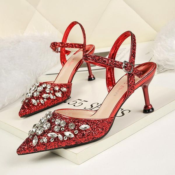 

dress shoes 2021 summer woman sandals baotou buckle strap rome high heel fashion rhinestone pointed party formal, Black