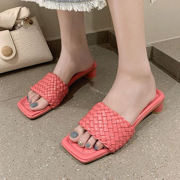 

slippers rimocy summer pu leather woven women square toe comfortable soft low heel sandals woman 2021 solid color beach slides, Black