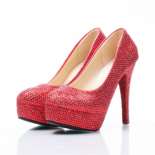 

dress shoes red crystal wedding round toe large size super high heel women pumps with platform for bridesmaid reception bridal, Black