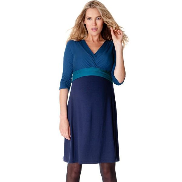 

maternity dresses 3/4 sleeved front v-neck knee length temperament dress blue lycra nursing pregnancy for working pregnant women, White