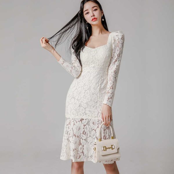 Frühling, figurbetontes Meerjungfrau-Kleid, langärmelig, aushöhlen, Spitzenkleider, weiße Kleidung für Frauen, Korea, Vestidos 210529