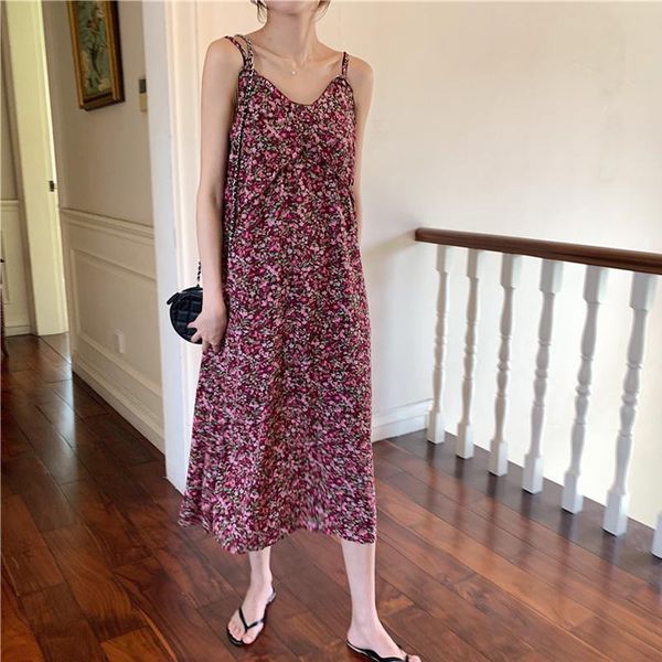 

casual dresses women dress loose sundress plus size sling v-neck vintage sleeveless floral long party female 2021, Black;gray
