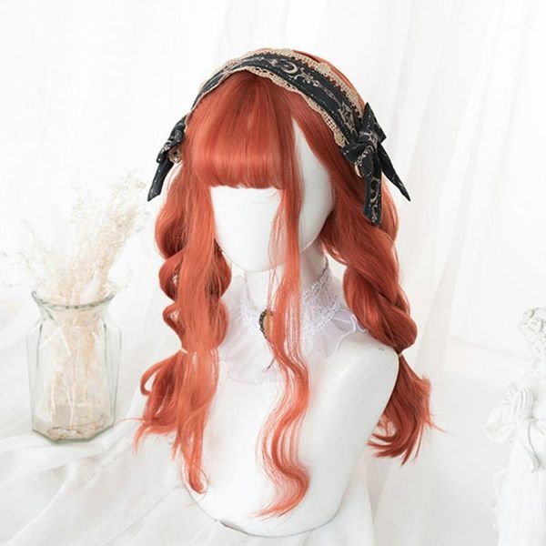

cosplay lolita pink orange wig with bangs bob medium length water wave halloween synthetic party wig1, Black