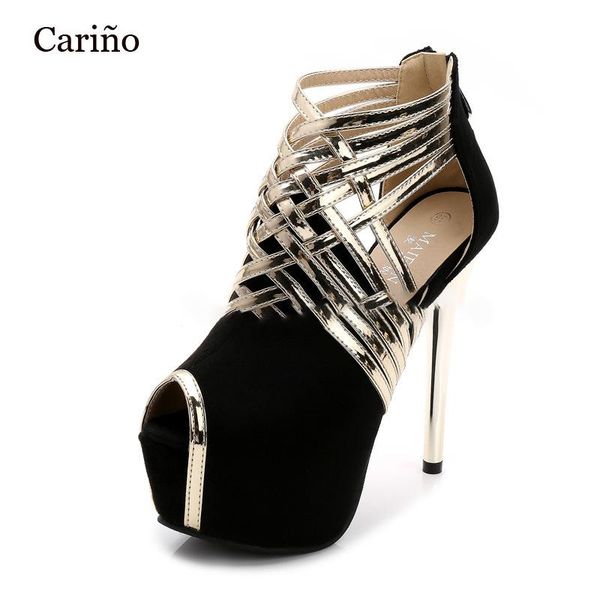 

sandals fashion elegant stilettos 14cm thin heel roman hollow peep toe shoes party dress pumps size 35-44 drop, Black