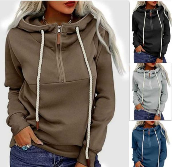 

women's t-shirt 2021 autumn and winter european american cross-border foreign trade style front zipper plus fleece hooded sweate, White