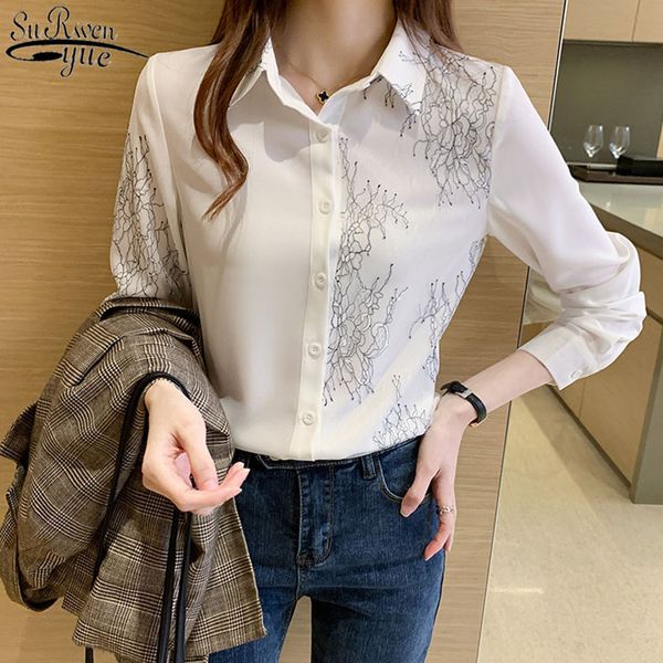 

office long sleeve cardigan shirts autumn white printing blouse women blusas mujer single breasted clothing 12140 210427