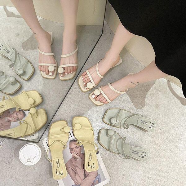 

slippers summer women heels elegant lady open toe mid square sandals fashion narrow band beige slides female shoes, Black