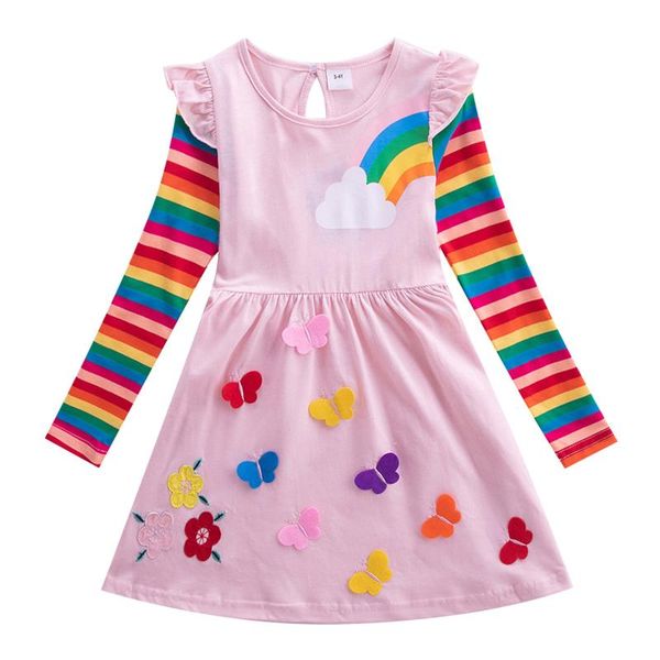 

girl's dresses 2021 baby girls long sleeve dress toddler kids rainbow stripe butterflys party princess, Red;yellow