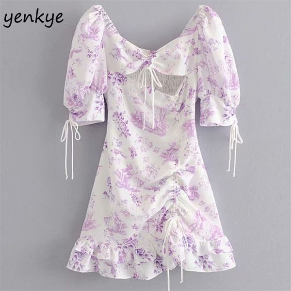 

women purple floral print backless dress elegant lady draped drawstring bodycon mini ruffle summer vestidos 210514, Black;gray