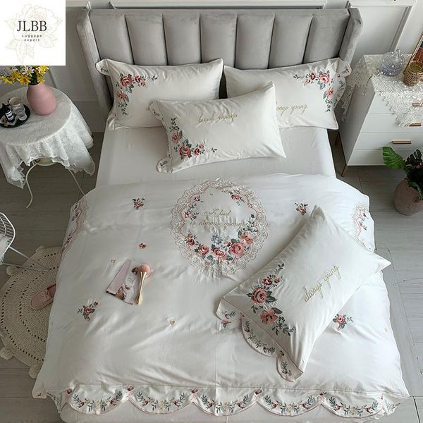 

bedding sets luxury white pastoral flowers embroidery 100s satin egyptian cotton set duvet cover bed linen fitted sheet pillowcases