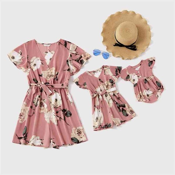 

floral print v-neck short-sleeve matching pink shorts rompers 210528, Blue
