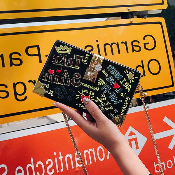 

evening bags women's box printing chain cross small square fashion hip hop letter one shoulder dinner