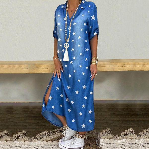 

party dresses #q4 korean style long dress women star printed v neck half sleeve summer maxi casual loose vintage, White;black