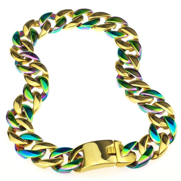 Homens Mulher 316L Aço Inoxidável Miami Chain Chain 18K Gold Rainbow Tone 24mm Solid Solid Necklace Jóias