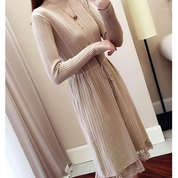 

casual dresses normov fashion women autumn and winter solid color dress vintage style knitted pullovers o-neck length sleeve sweater, Black;gray