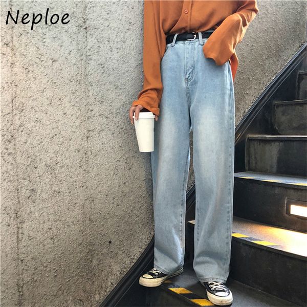 

neploe high waist hip straight denim pants women pocket design solid trousers feminino spring pantalones mujer 210510, Blue