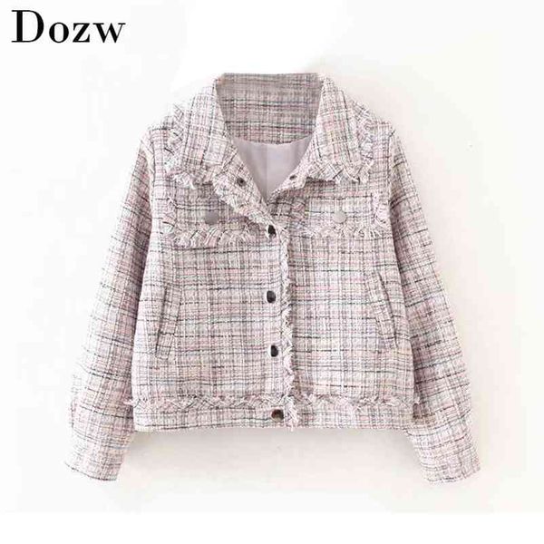 

fashion tassel tweed coats women patch designs long sleeve plaid jacket lady outerwear turn down collar casual abrigo mujer 210515, Black