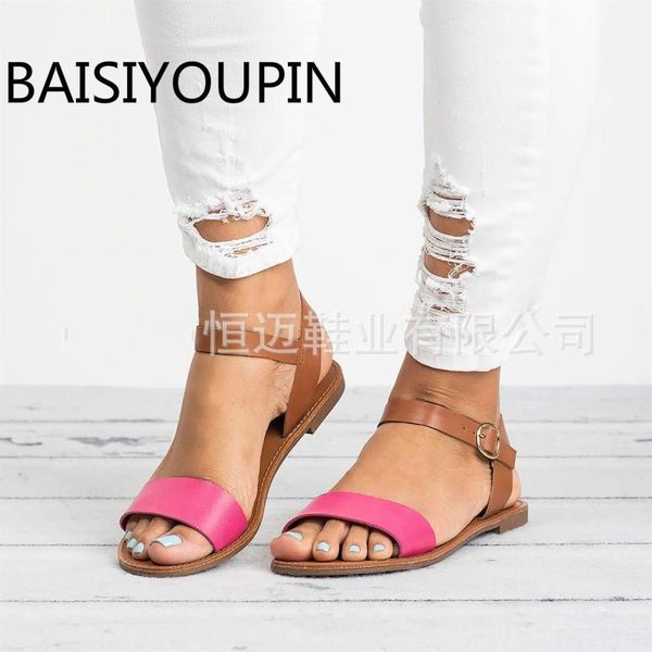 

summer beach shoes woman open toe flats sandals female buckle flat bottom candy color pu big size 42 43, Black