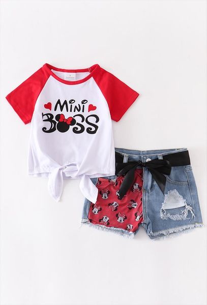 

summer baby girls short sleeve ruffles boutique mini boss tie knot denim jeans shorts set outfits kids clothing, White
