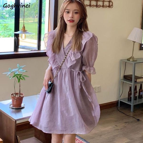 

casual dresses half puff sleeve dress women sweet v-neck ruffles solid mini female korean style all-match retro simple elegant summer, Black;gray