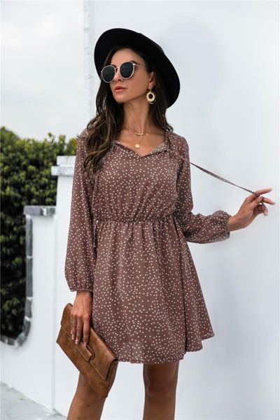 

casual dresses women autumn dress fashion polka dot long sleeve v neck lace up ruffles chiffon mini female high waist boho, Black;gray