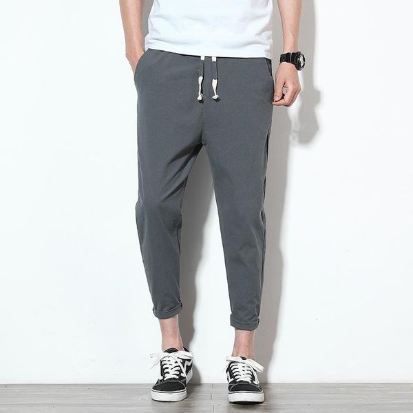 

cotton joggers men summer casual slim ankle-length trousers lightweight solid breathable streetwear sweatpants men's pants, Black