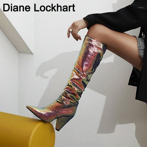

boots slouch wrinkle women colorful pointed toe thick heels folds woman fashion bling leather knee high winter shoes1, Black