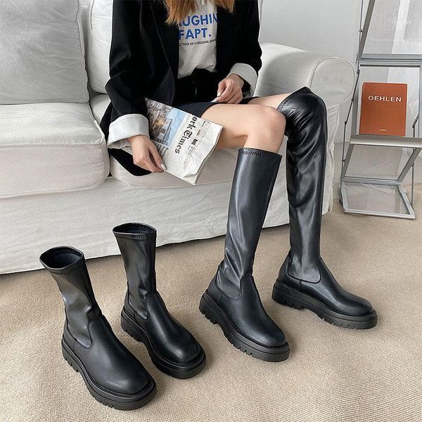 

boots women ladies shoes fashion autumn slip on ankle mid calf platform non pu leather soft footwear woman11, Black