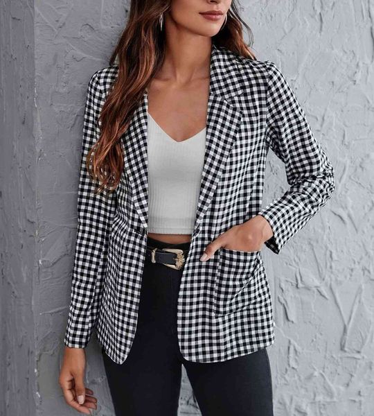 

fashionable ladies suit 2021 plaid slim short women's casual blazer top, White;black