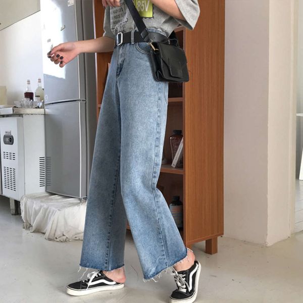 

high waist hanging denim wide leg pants autumn and winter elegant tube thin, Blue