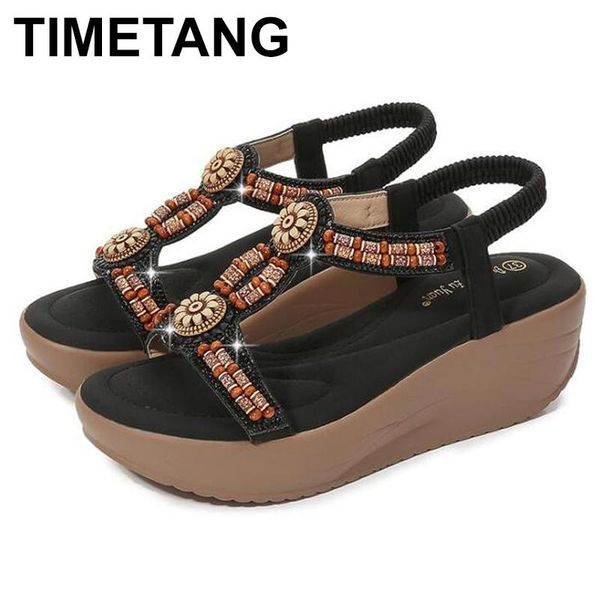 

dress shoes timetang roman sandals summer 2021 fashion with floral wedges and platform, Black