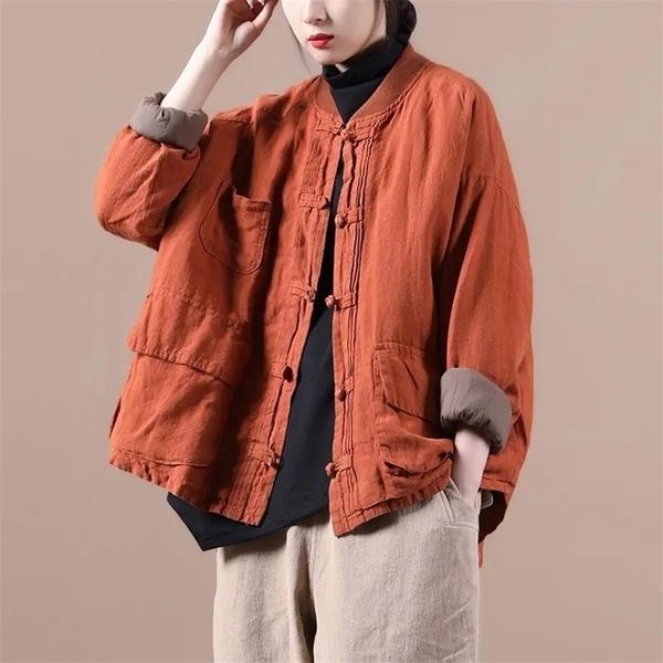

johnature women vintage jackets solid color cotton linen coats stand button patchwork pockets spring loose female 211014, Black;brown