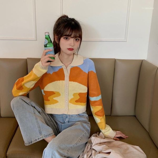 

colorful sunset jacquard cropped sweater women turn down collar long sleeve knitted jumpers single breasted x3791, White
