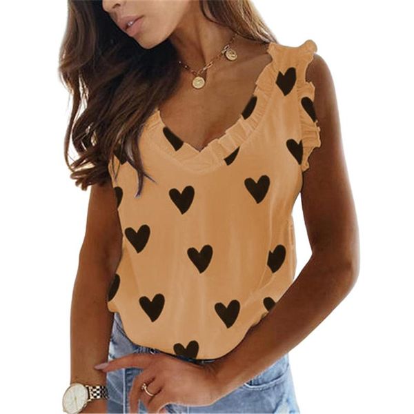 

women's t-shirt vicabo womens tshirt ladies heart printed ruffle sleeve v-neck female t shirt holiday summer shirts for women 2021, White