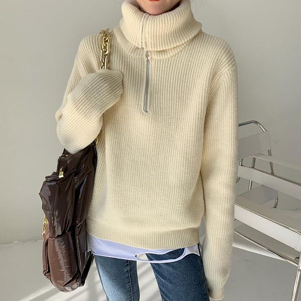 

women's sweaters zipper long sleeve turtleneck casual solid loose pullovers sweater women jumper knitted winter streetwear, White;black
