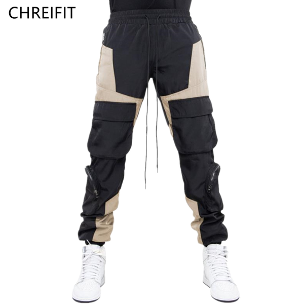 

men's pants chreifit joggers cargo for men casual hip hop many pocket male trousers sweatpants streetwear splicing beam port, Black