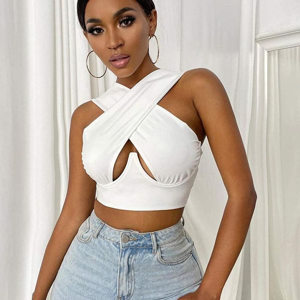 

women's tanks & camis criss cross women tank sleeveless solid color cutout front crop party club streetwear summer lady bustier, White