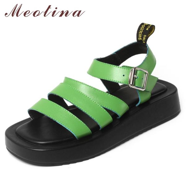 

sandals meotina gladiator shoes women genuine leather buckle flat platform square toe cow summer ladies footwear, Black