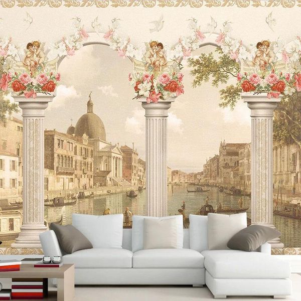 

wallpapers 3d wallpaper european style roman column oil painting building angel po wall murals living room tv sofa retro
