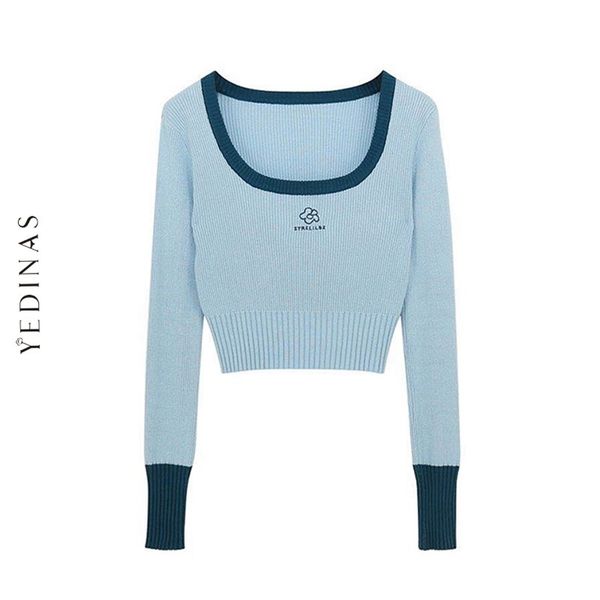 

yedinas ribbed patchwork long sleeve t shirt embroidery casual slim cropped tees korean fashion spring t-shirts for women 210401, White