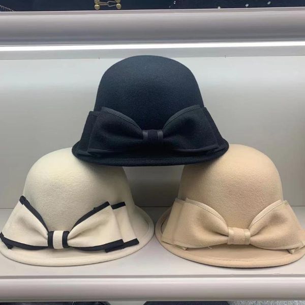 

stingy brim hats net red wool hat women's autumn and winter korean version versatile bow simple retro basin fisherman, Blue;gray