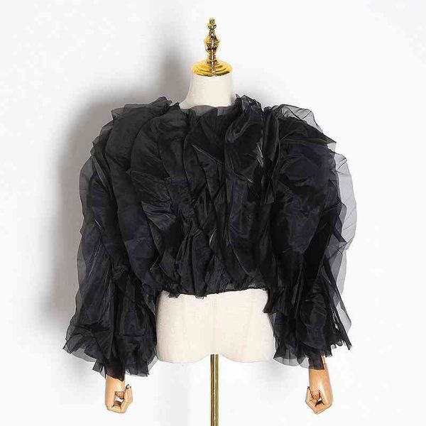 

european american spring and autumn ruffled stitching mesh shirt, White