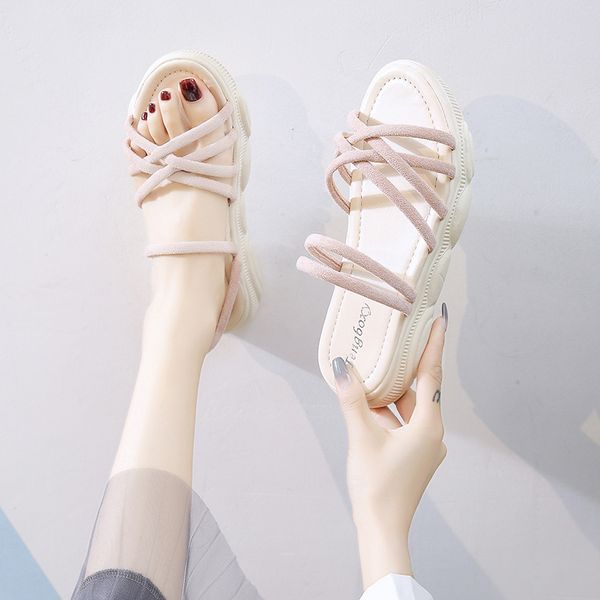 

female shoes med on a wedge slippers women summer beige heeled sandals flock platform slides fashion lady 2021 black soft flat l y0406