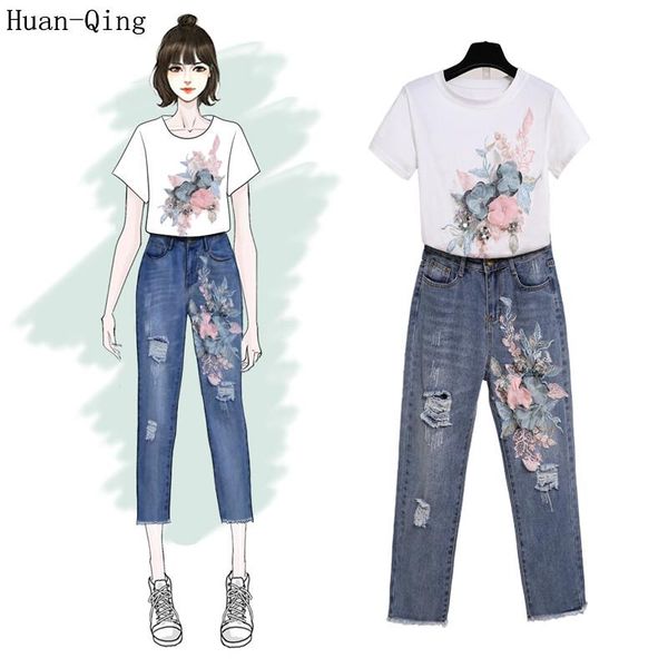 

summer jeans t shirt 2 piece set women's flower sequins embroidery t-shirt + rippered hole denim pants two suits, White