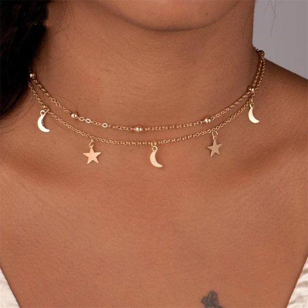 

chains fashion multilayer stainless steel endant women gold silver color beads moon star horn crescent double chain choker necklaces