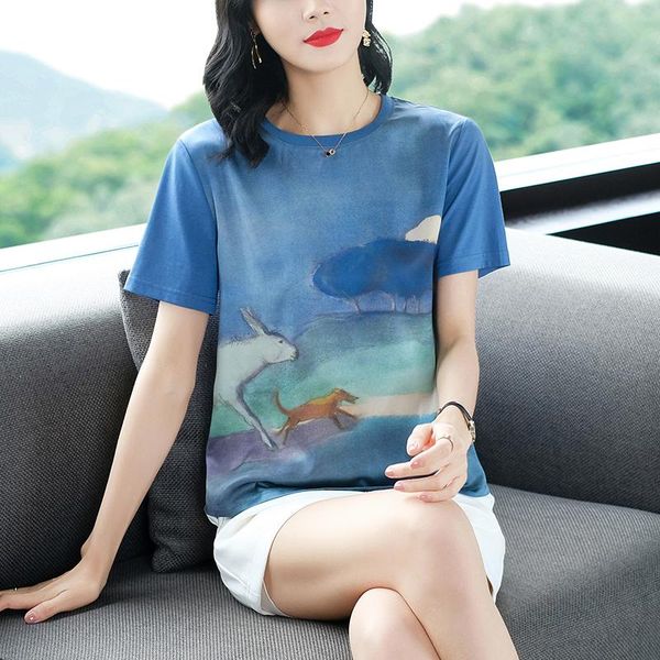 

women's t-shirt summer korean cotton t-shirts for women tree pattern vintage satin short sleeves plus size office lady shirts, White