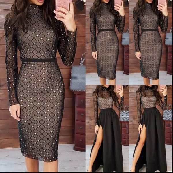 

rhinestones mesh women dress hollow out transparent long sleeve fishnet bodycon club party slim fit dresses vestidos, Black;gray
